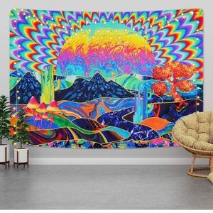 Trippy Planet Mountain Colorful Mushroom Tapestry Trees Cactus size 59x82